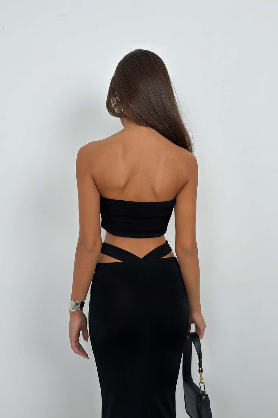 Crisscross Waist Black Maxi Skirt 