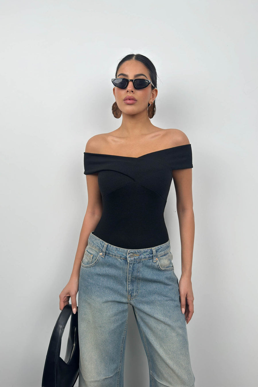 Cross Bateau Neck Black Bodysuit 