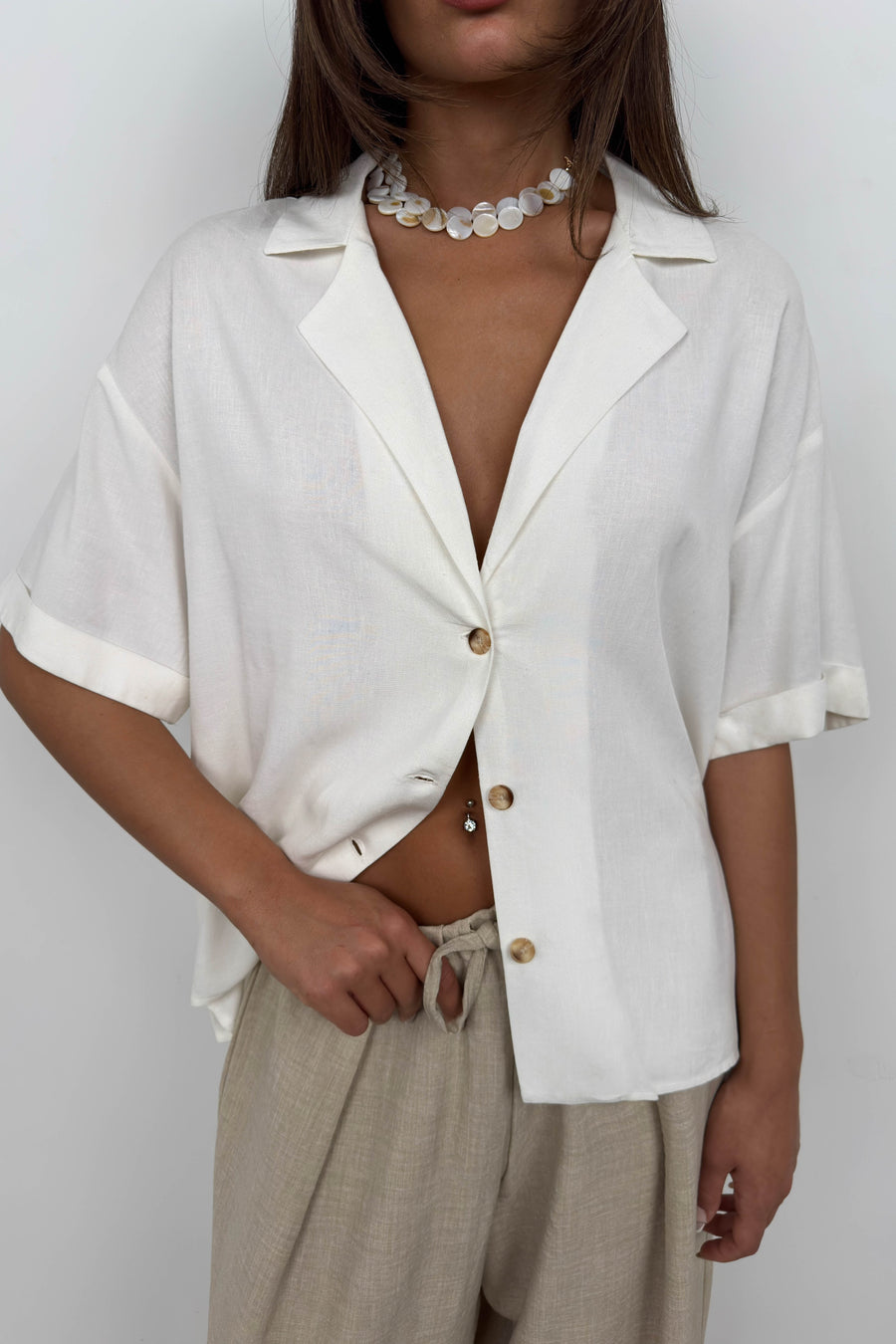 Jacket Collar White Linen Shirt 