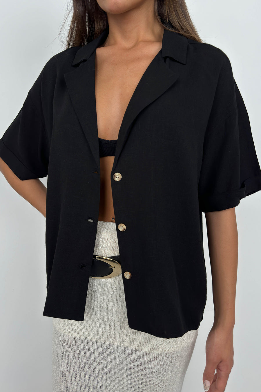 Jacket Collar Black Linen Shirt 