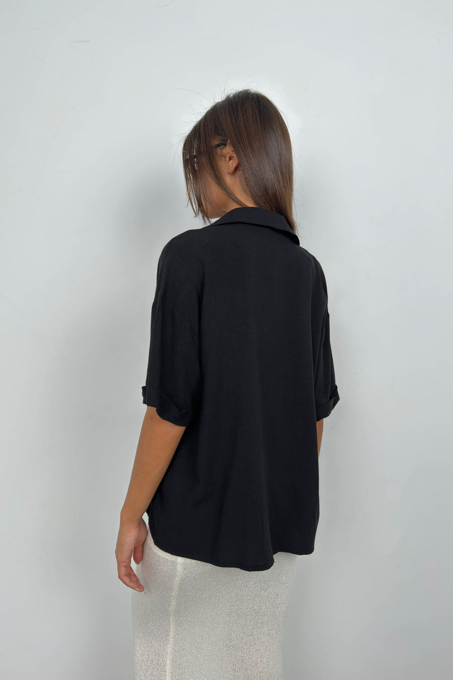 Jacket Collar Black Linen Shirt 