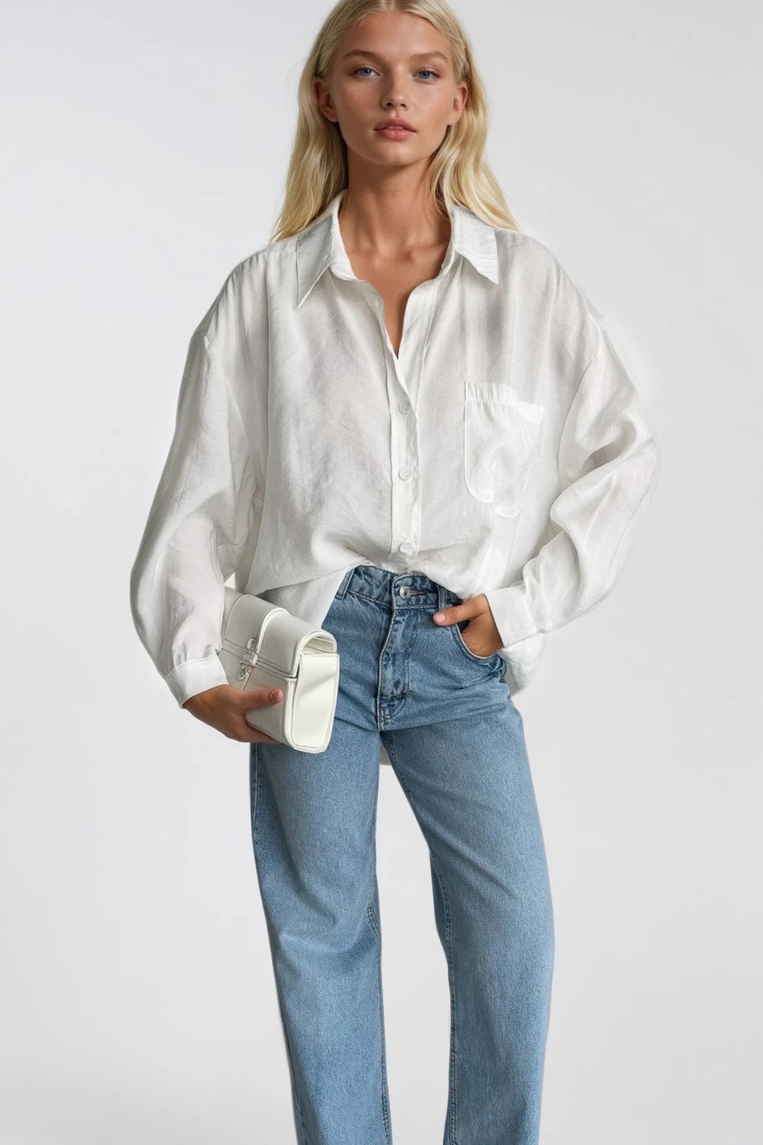 Cep Detay Basic Oversize Beyaz Gömlek