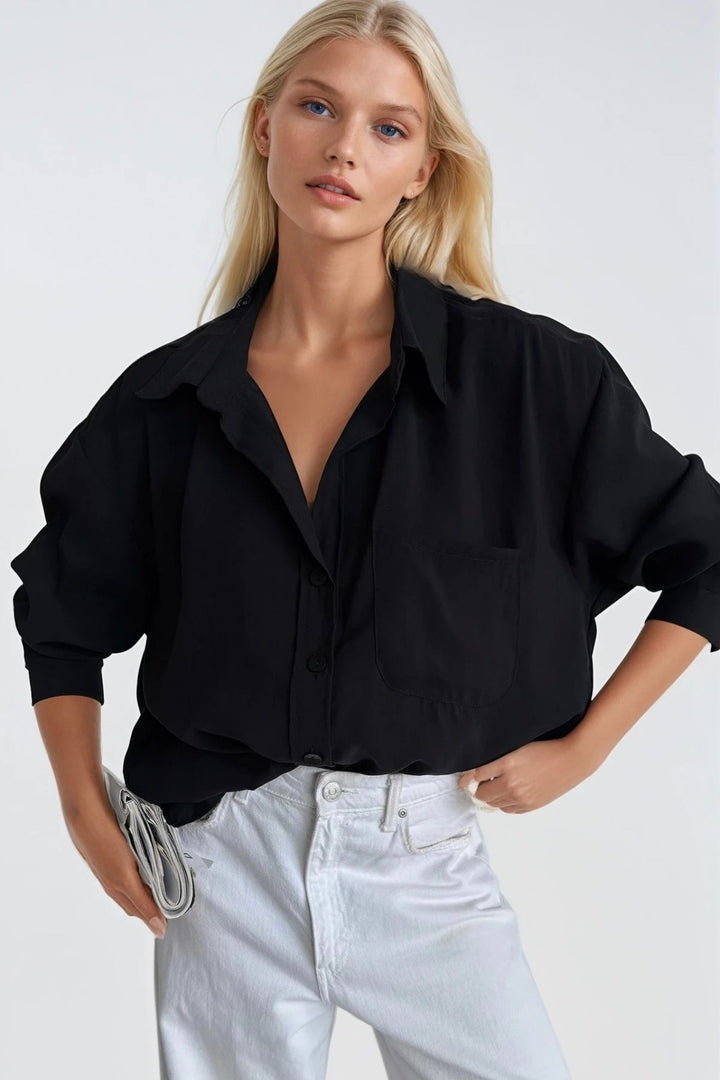 Cep Detay Basic Oversize Siyah Gömlek