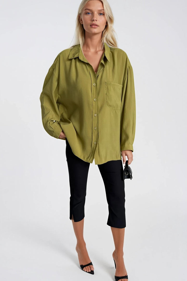 Cep Detay Basic Oversize Yeşil Gömlek