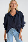 Cep Detay Basic Oversize Lacivert Gömlek