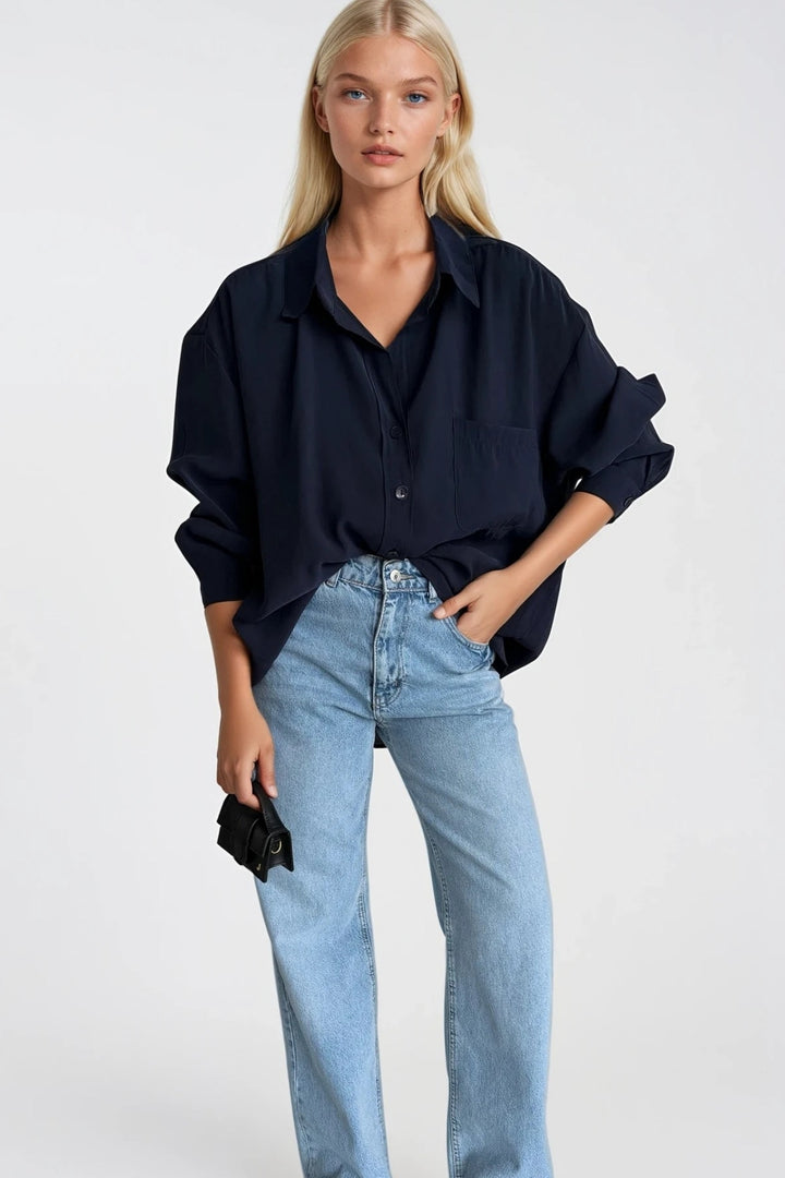Cep Detay Basic Oversize Lacivert Gömlek