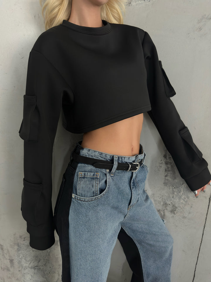 Cep Detay Siyah Crop Sweat