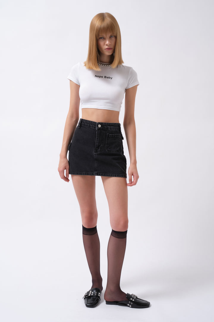 Pocket Detail Denim Mini Black Skirt