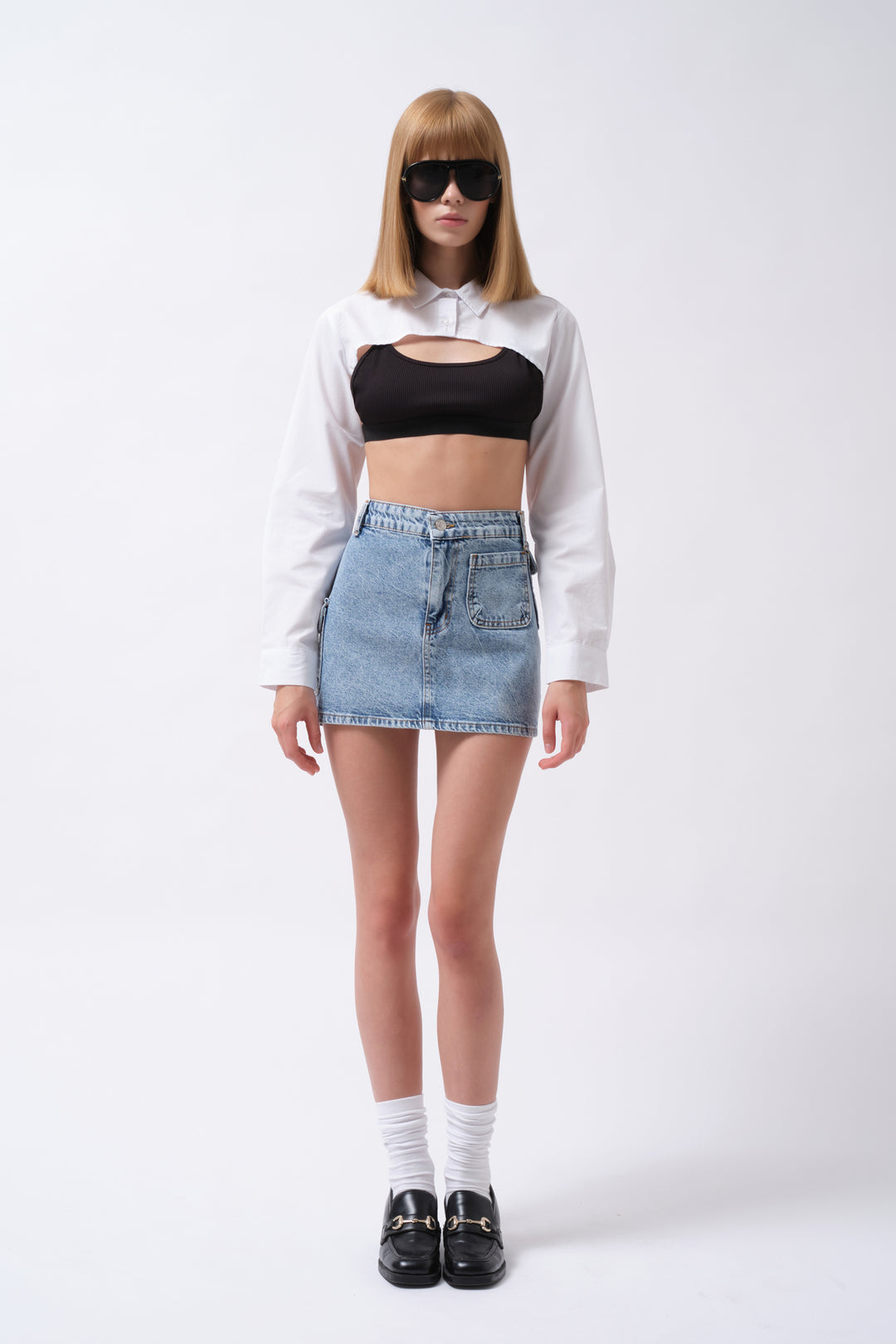 Denim Mini Blue Skirt with Pocket Detail