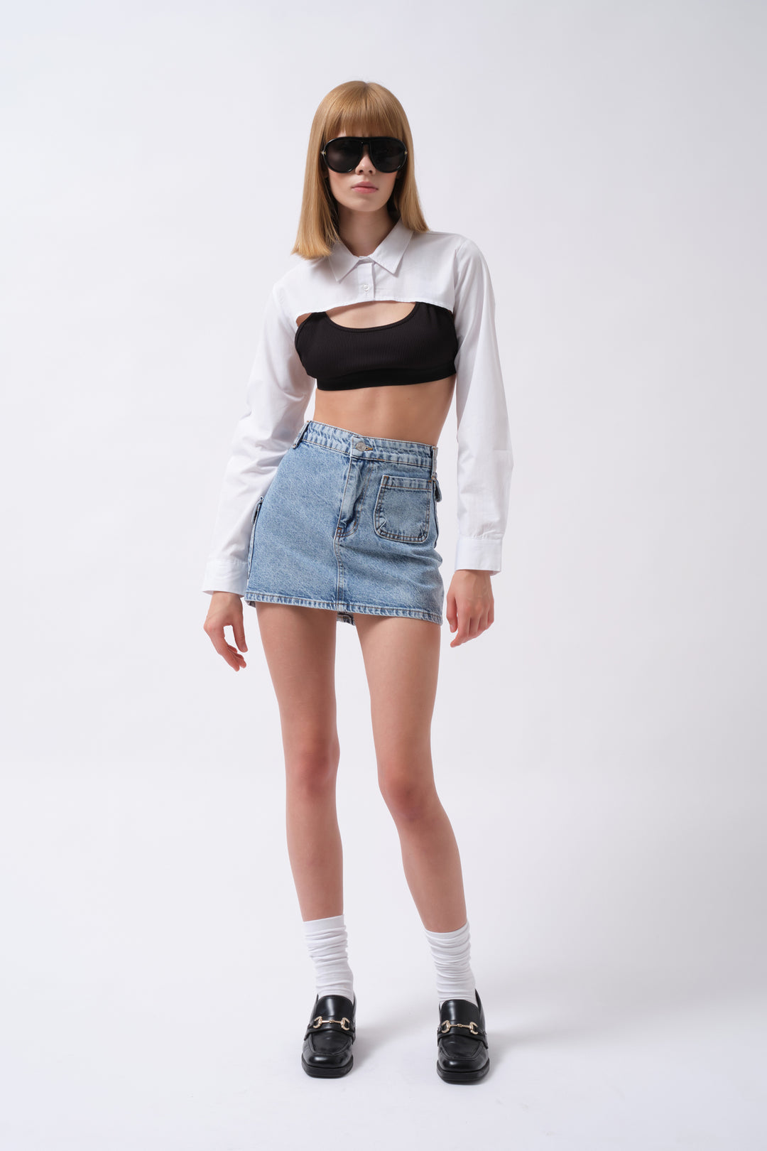 Denim Mini Blue Skirt with Pocket Detail