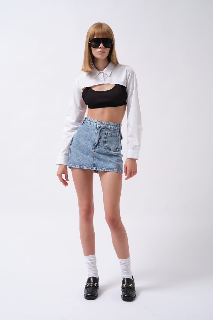 Denim Mini Blue Skirt with Pocket Detail