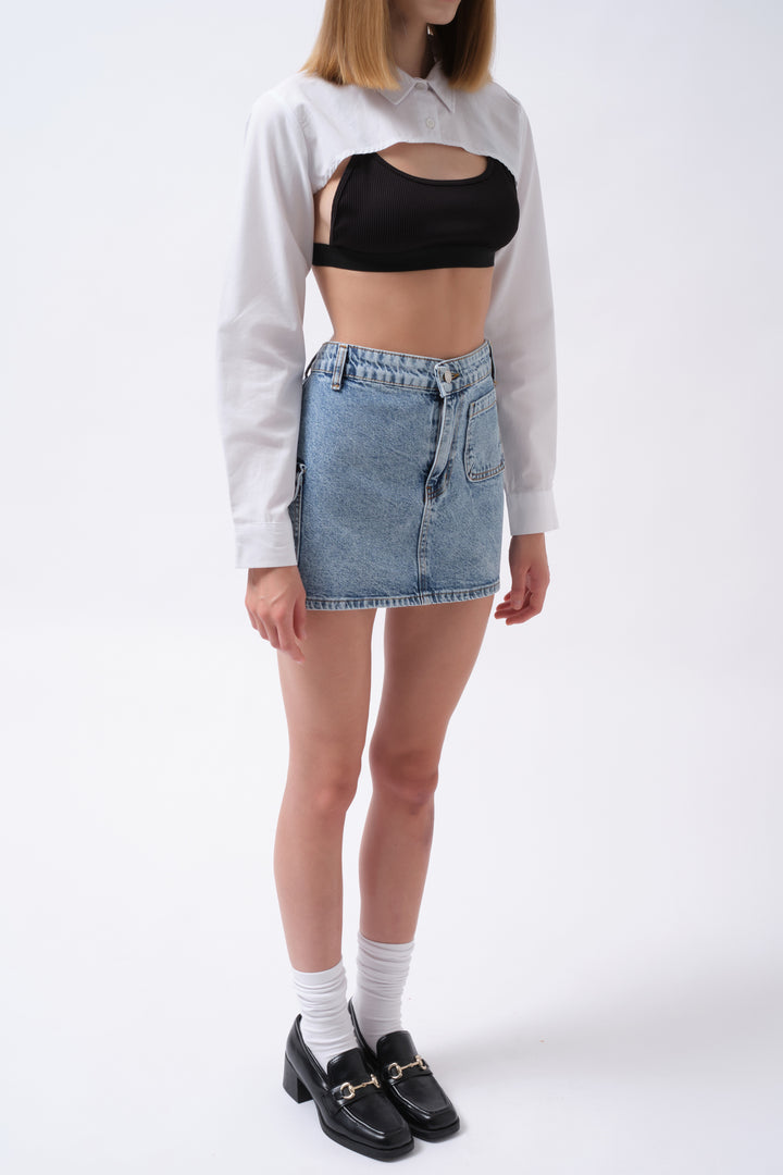 Denim Mini Blue Skirt with Pocket Detail