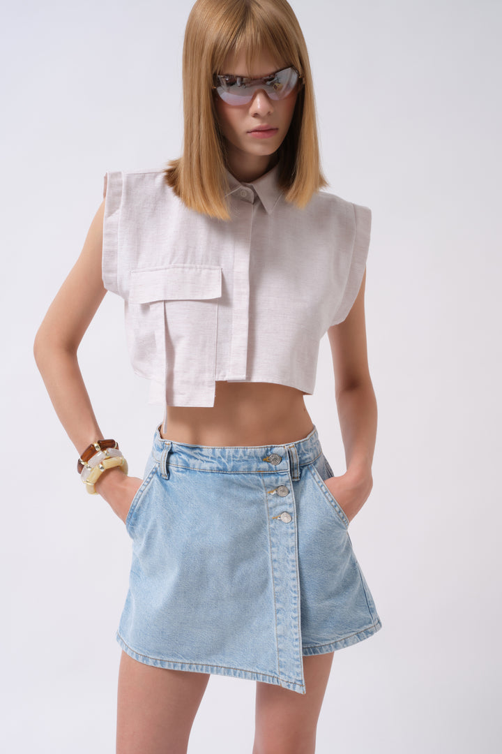 Sleeveless Linen Gray Shirt with Pocket Detail