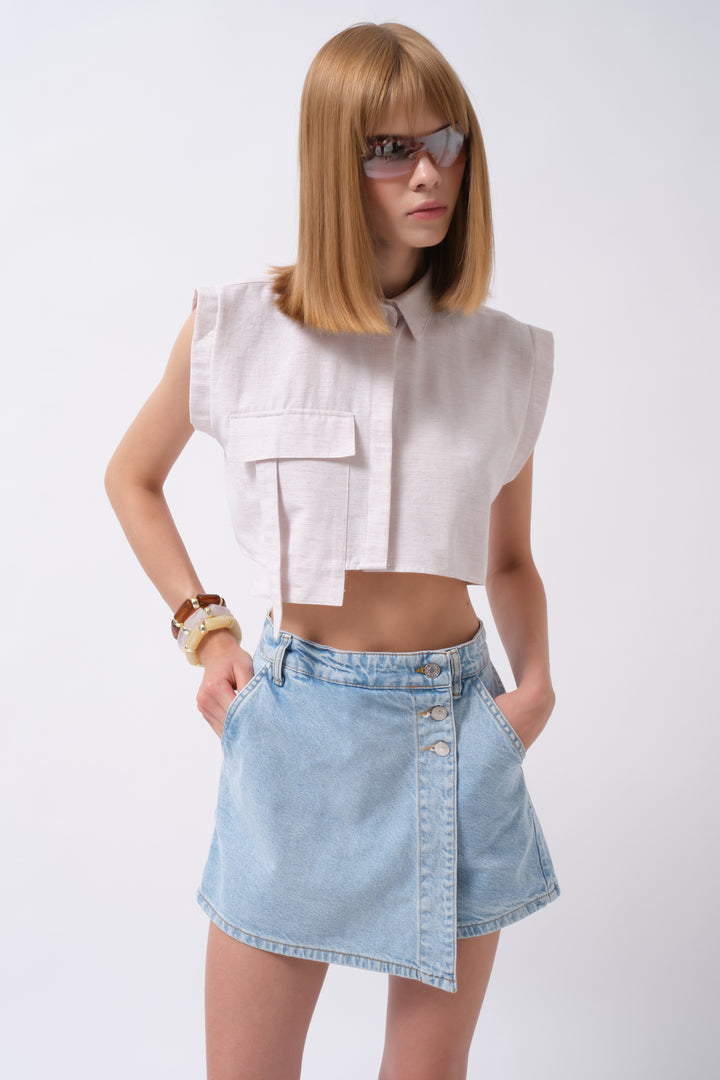 Sleeveless Linen Gray Shirt with Pocket Detail