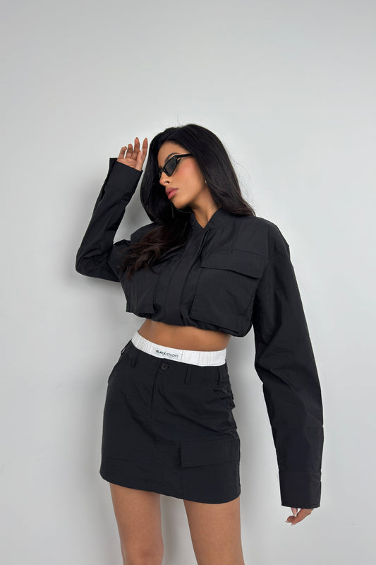 Pocket Detail Parachute Black Crop Jacket 