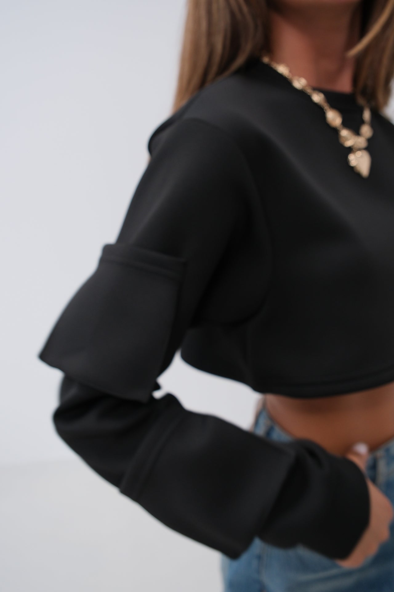 Pocket Detail Black Crop Sweater