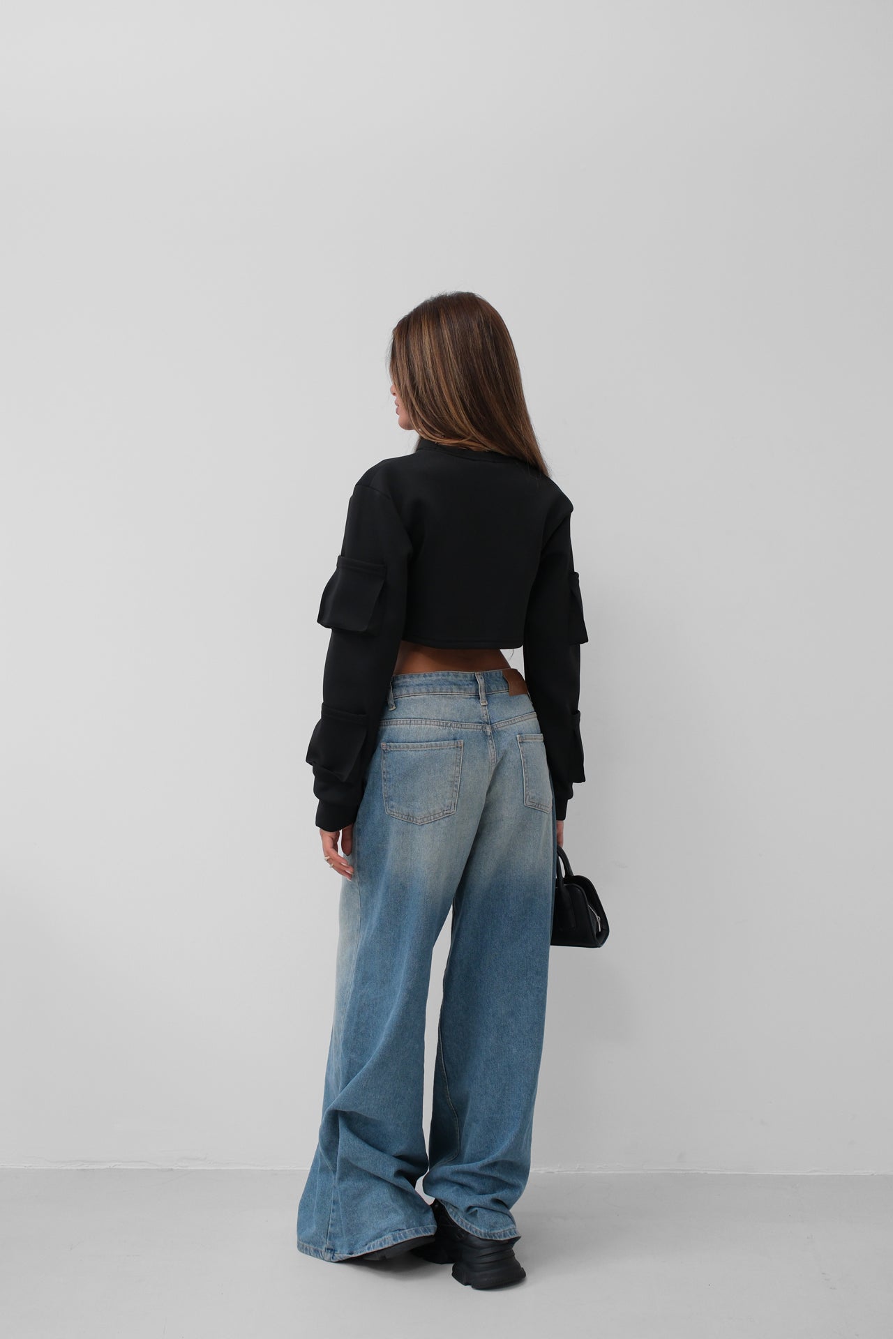 Pocket Detail Black Crop Sweater