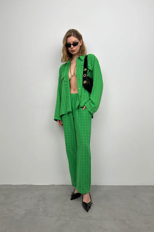 Pocket Green Shirt Trousers Two Piece Set 