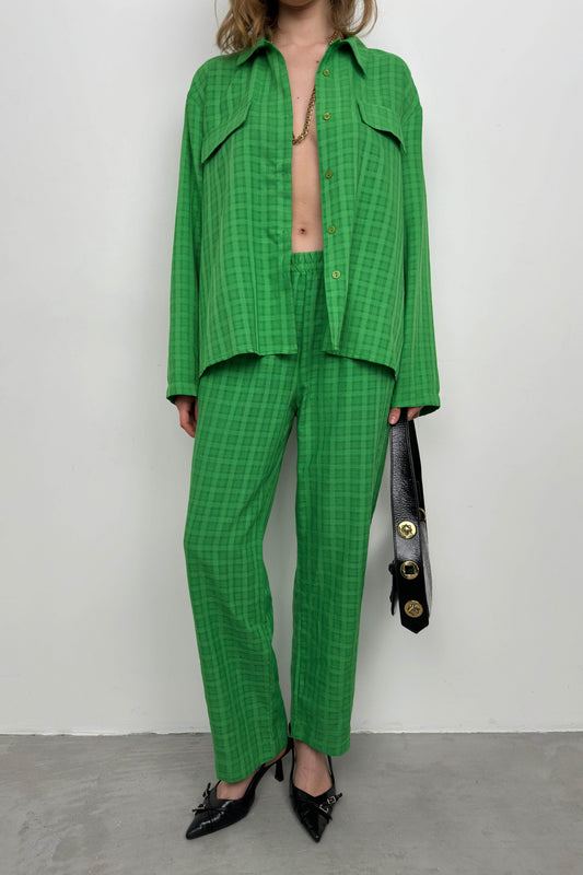 Pocket Green Shirt Trousers Two Piece Set 