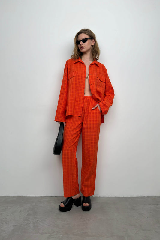 Pocket Orange Shirt Trousers Two Piece Set 