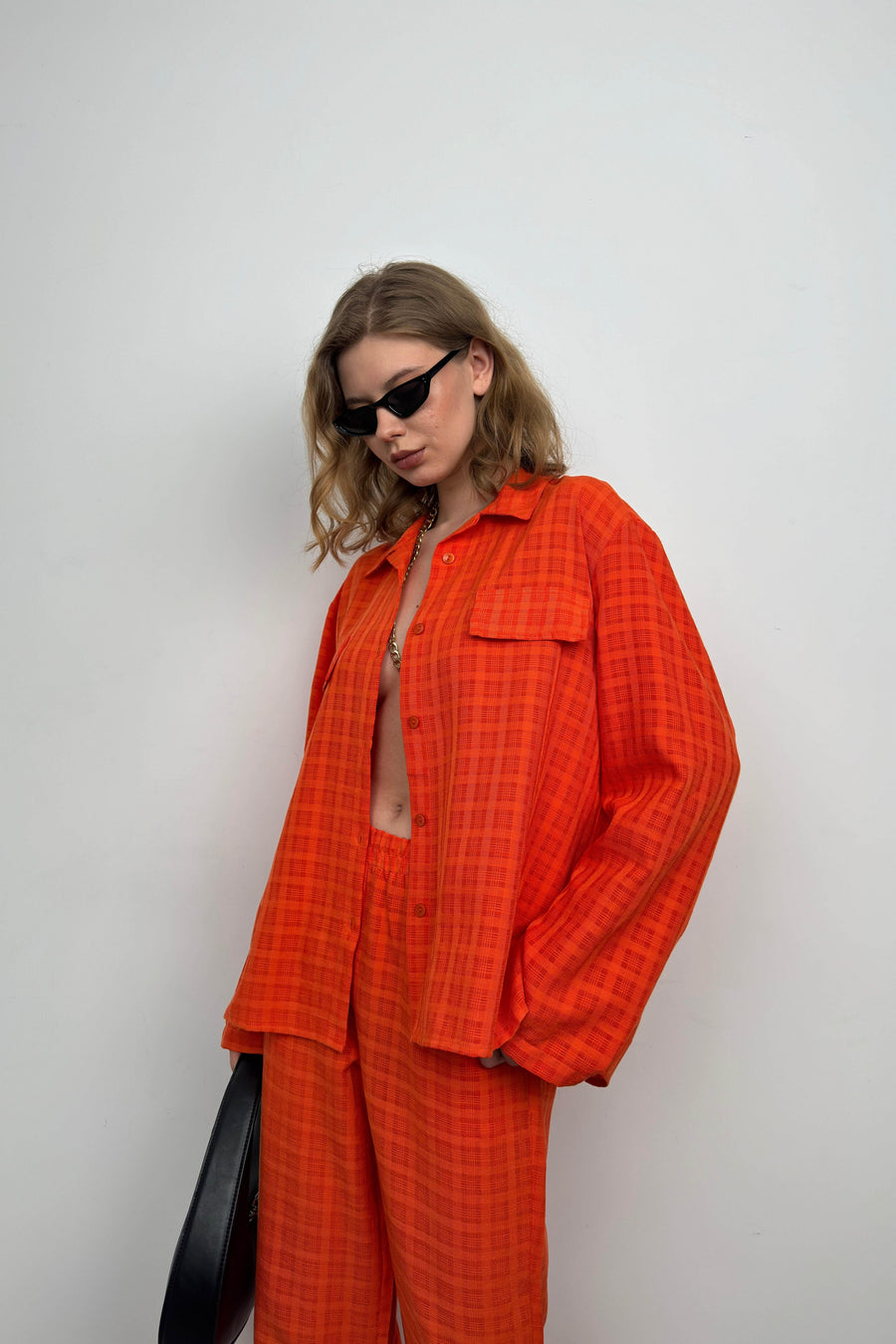 Pocket Orange Shirt Trousers Two Piece Set 