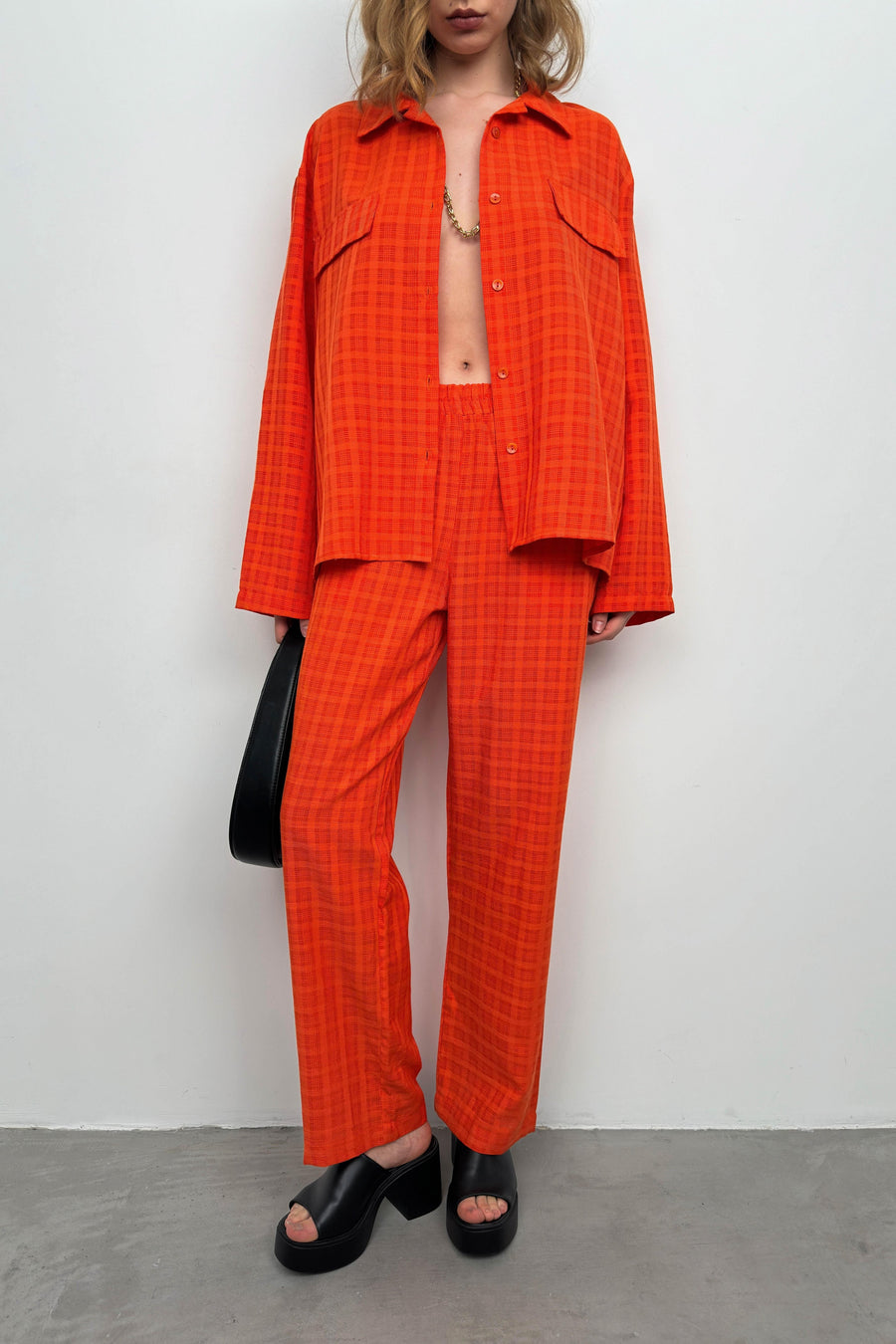 Pocket Orange Shirt Trousers Two Piece Set 