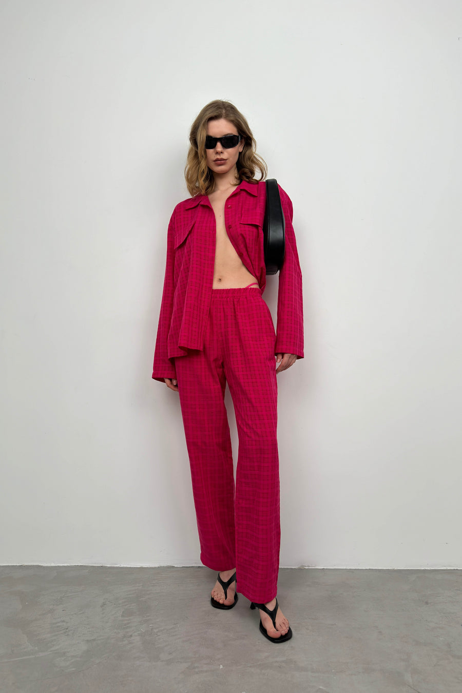 Pocket Fuchsia Shirt Trousers Two Piece Set