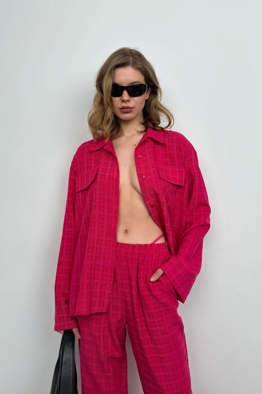 Pocket Fuchsia Shirt Trousers Two Piece Set