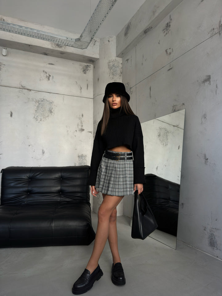 Çift Kemer Pileli Gri Mini Etek