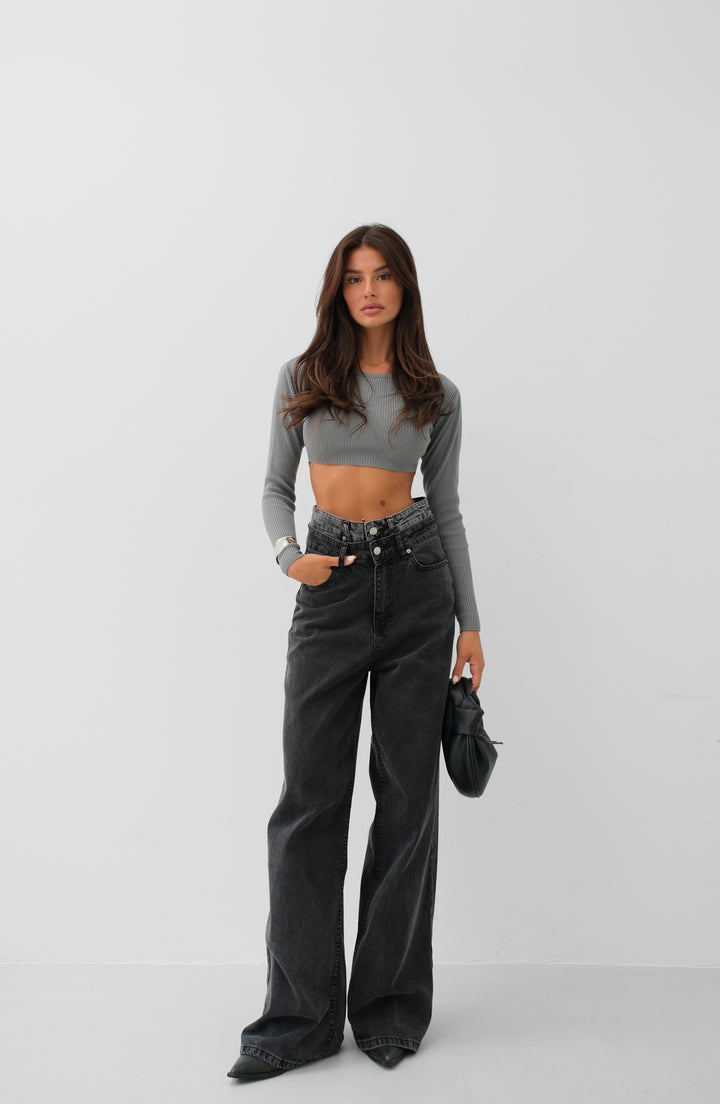 Double Belted High Waist Gray Jeans