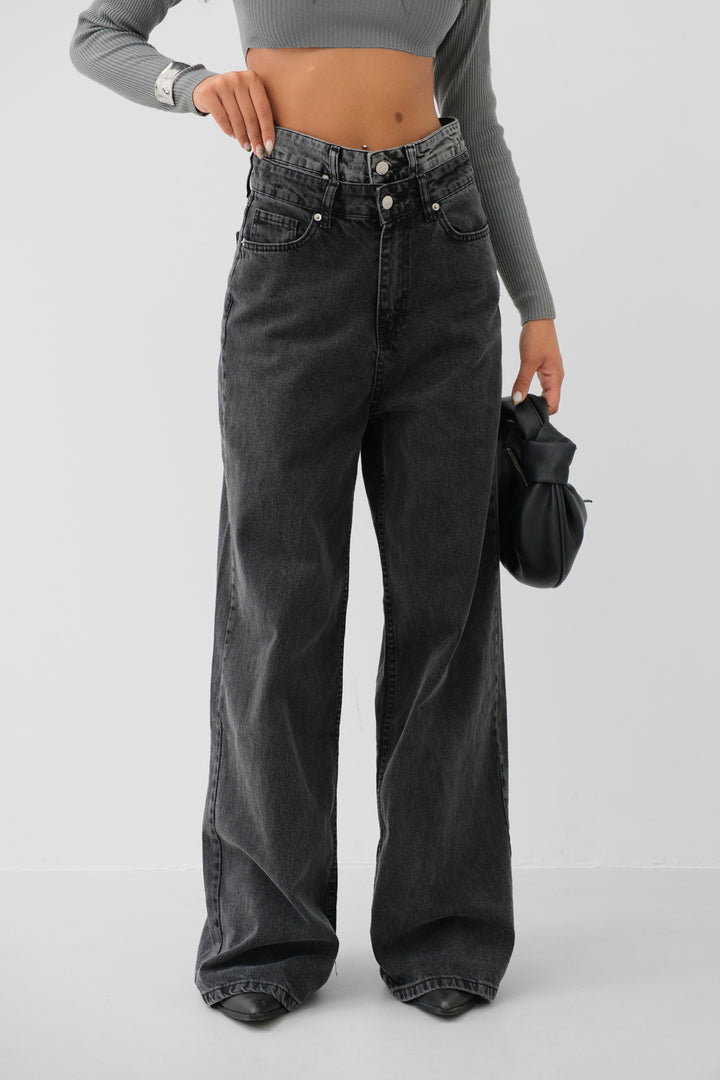 Double Belted High Waist Gray Jeans