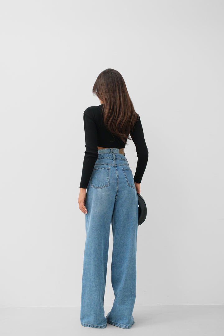 Double Belted High Waist Blue Jeans 