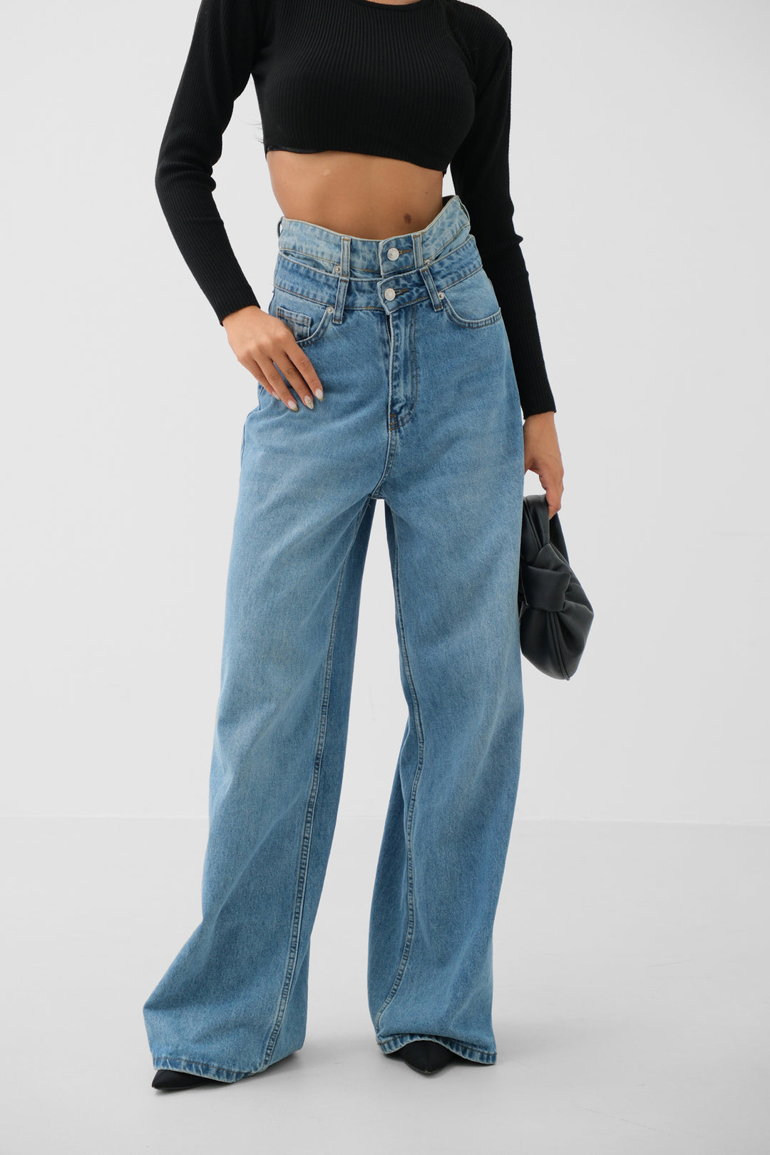 Double Belted High Waist Blue Jeans 