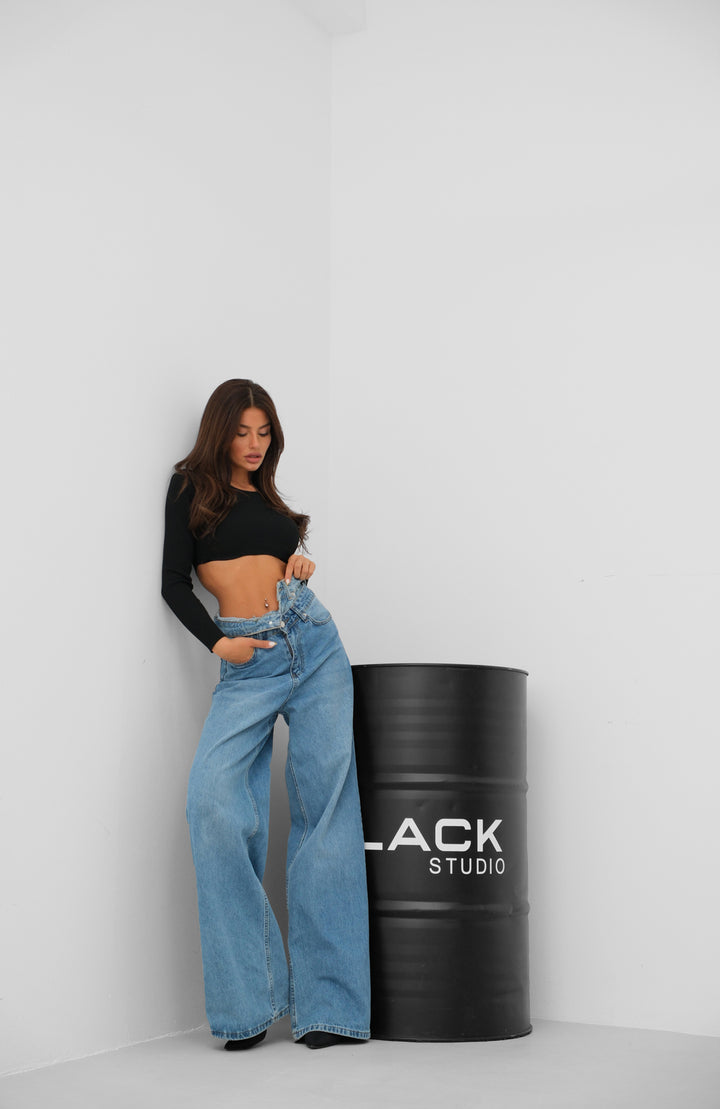 Double Belted High Waist Blue Jeans 