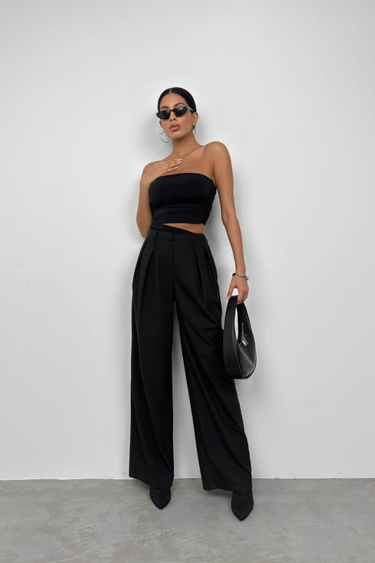 Double Pleated Wide Leg Black Trousers 