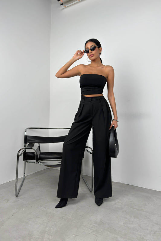 Double Pleated Wide Leg Black Trousers 