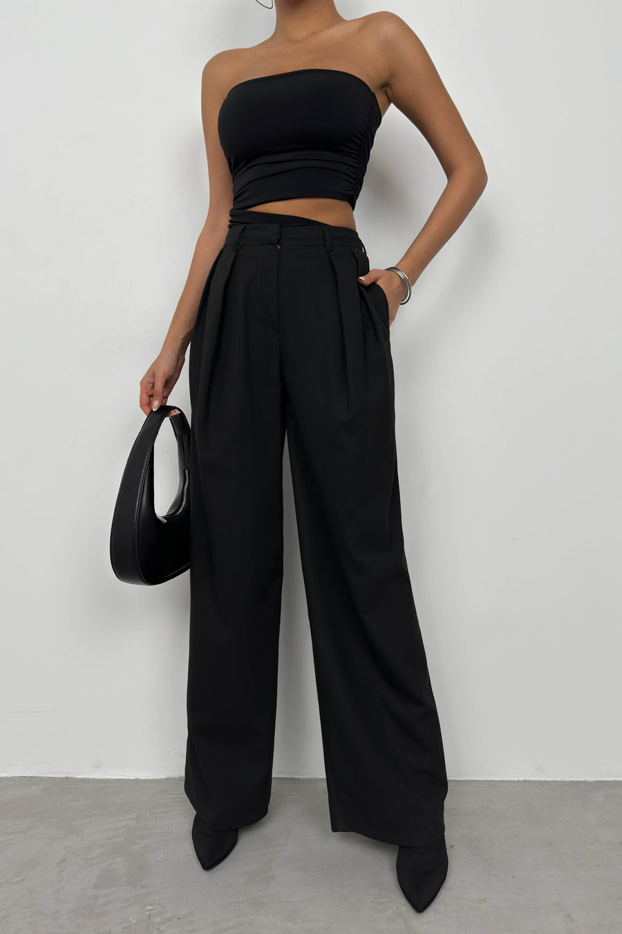 Double Pleated Wide Leg Black Trousers 