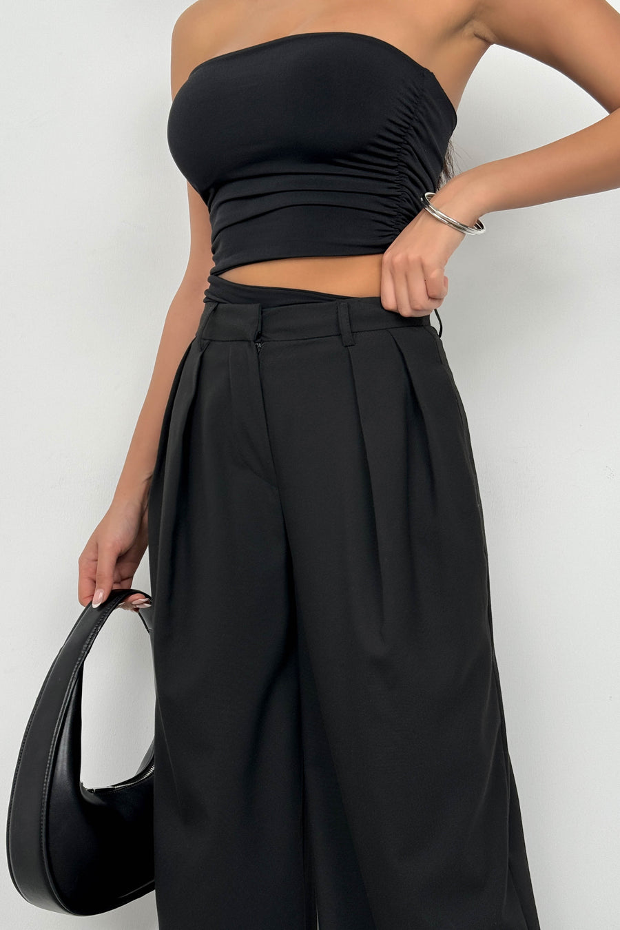 Double Pleated Wide Leg Black Trousers 