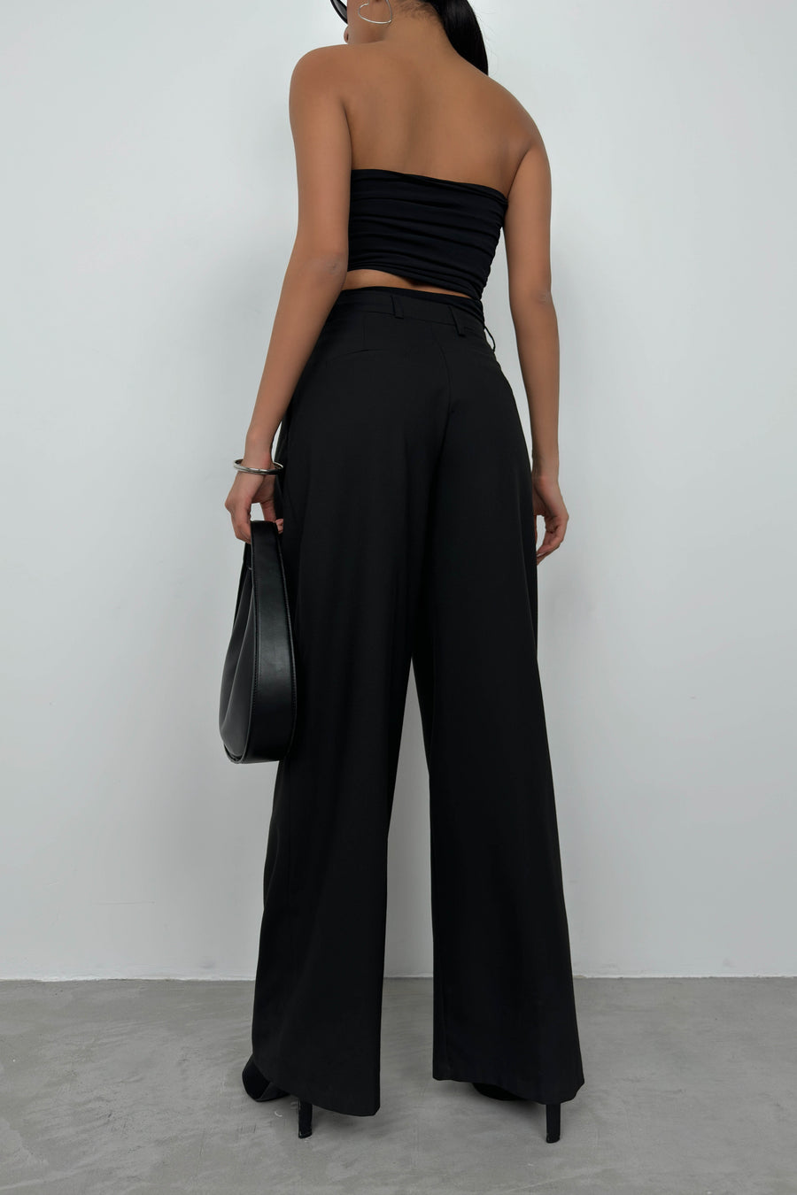 Double Pleated Wide Leg Black Trousers 