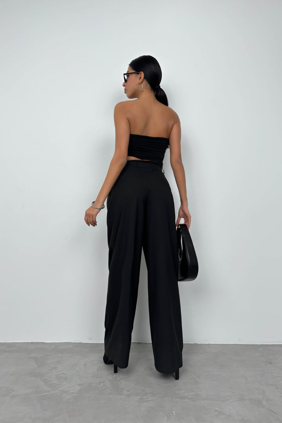 Double Pleated Wide Leg Black Trousers 