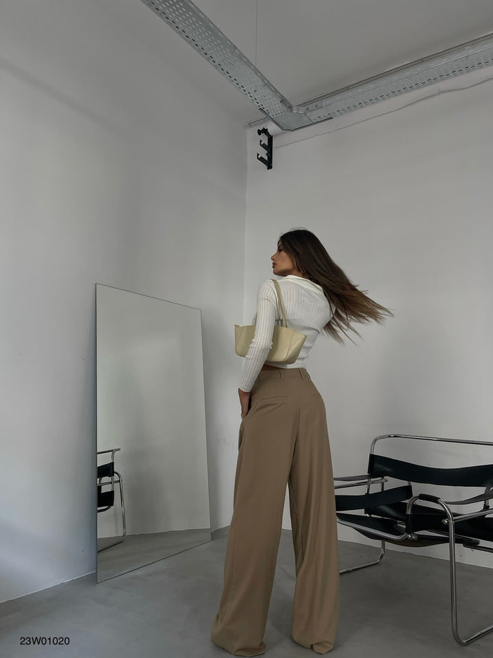 Çift Pileli Bej Geniş Paça Bej Pantolon