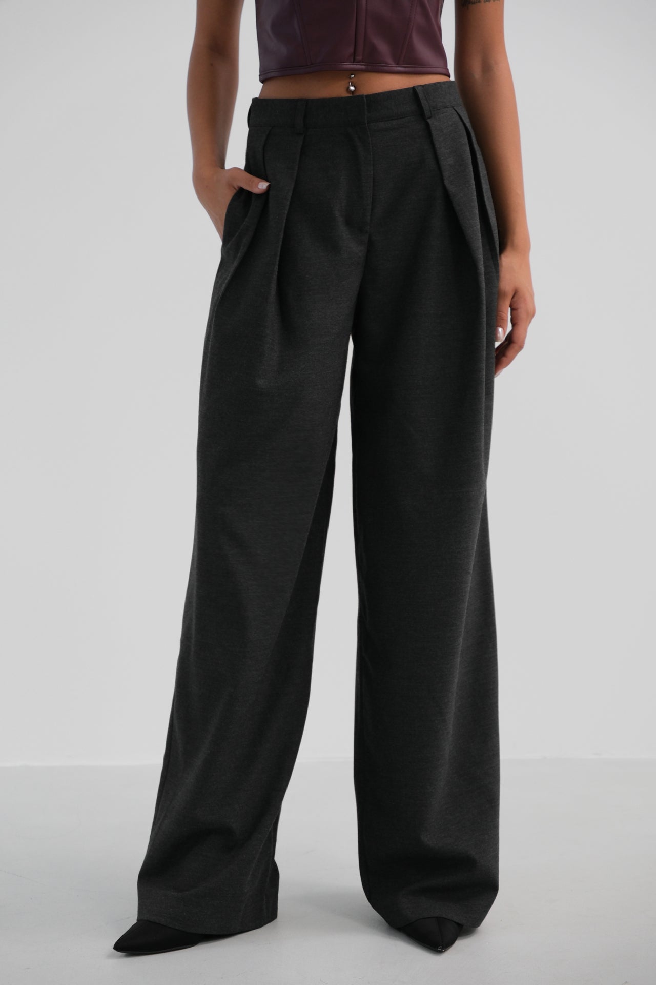 Double Pleated Wide Leg Grey Trousers 