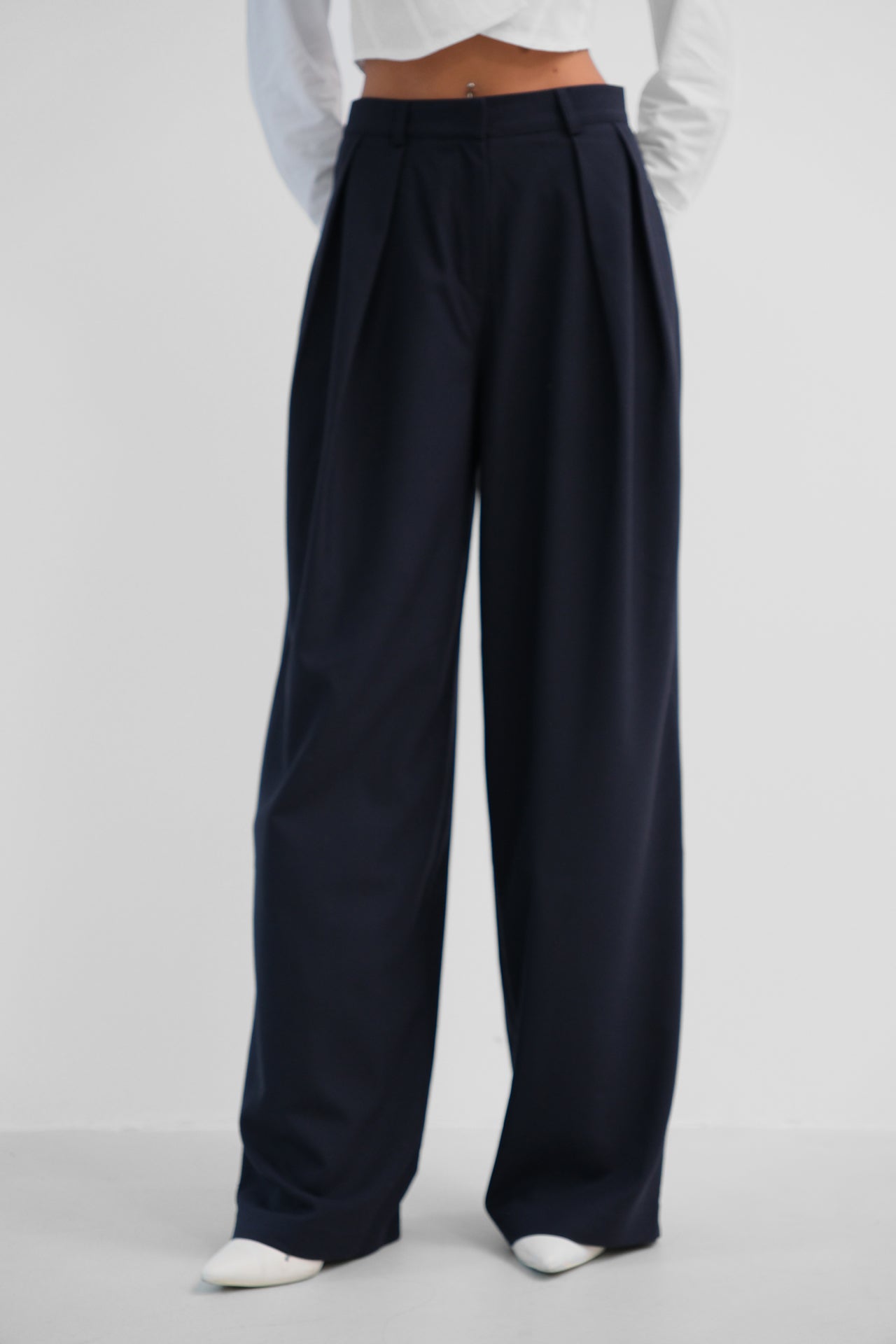 Double Pleated Wide Leg Navy Blue Trousers 