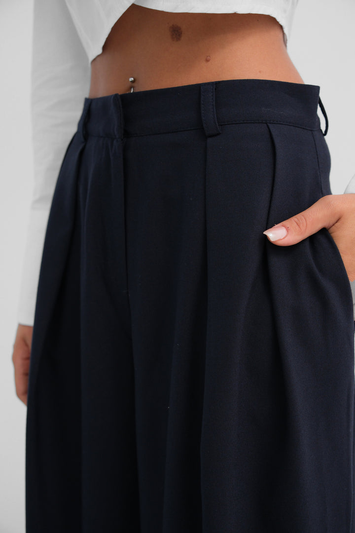 Double Pleated Wide Leg Navy Blue Trousers 