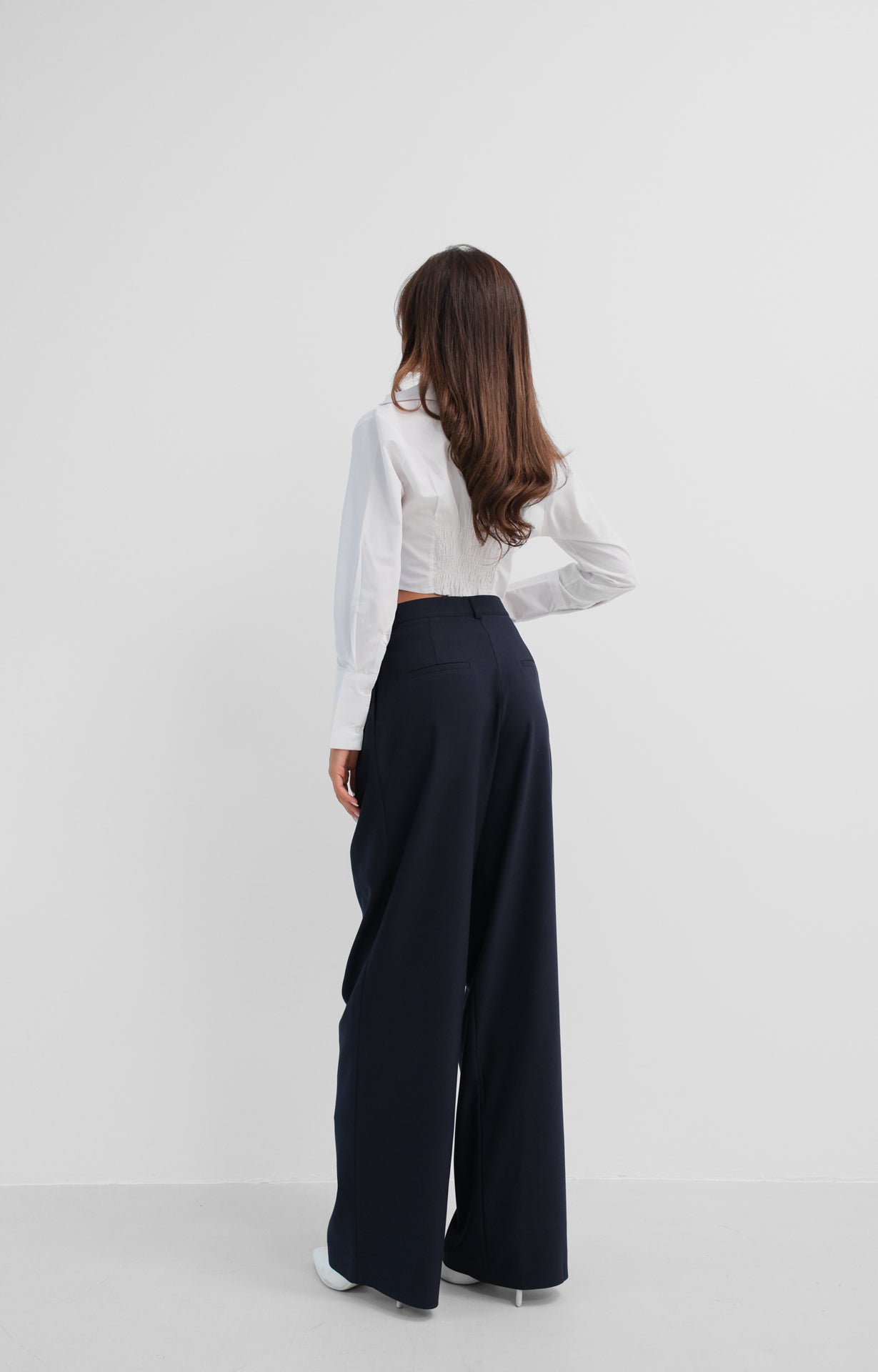 Double Pleated Wide Leg Navy Blue Trousers 