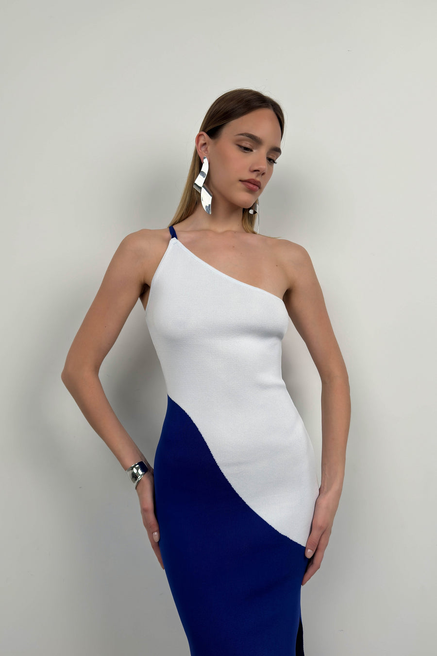 Double Color One Shoulder White Blue Knit Dress