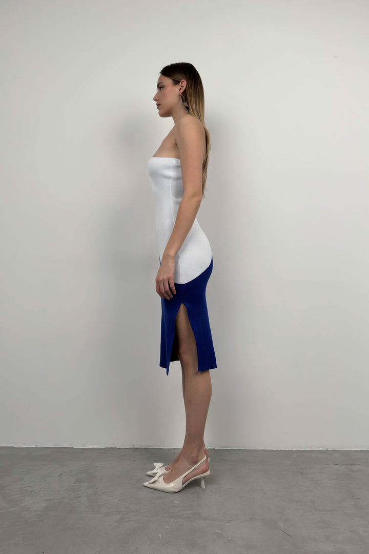 Çift Renk Tek Omuz Beyaz Mavi Triko Elbise