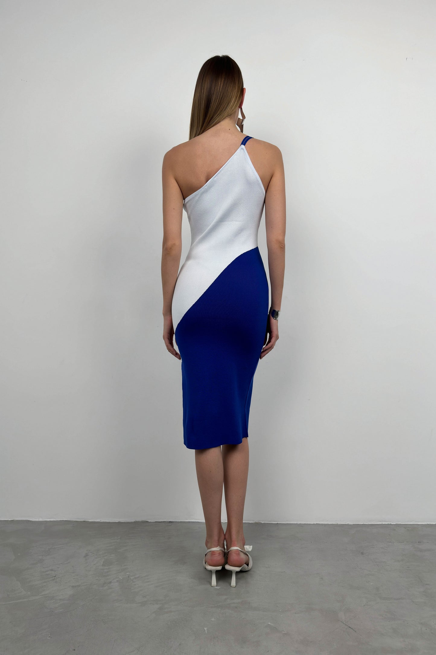 Double Color One Shoulder White Blue Knit Dress