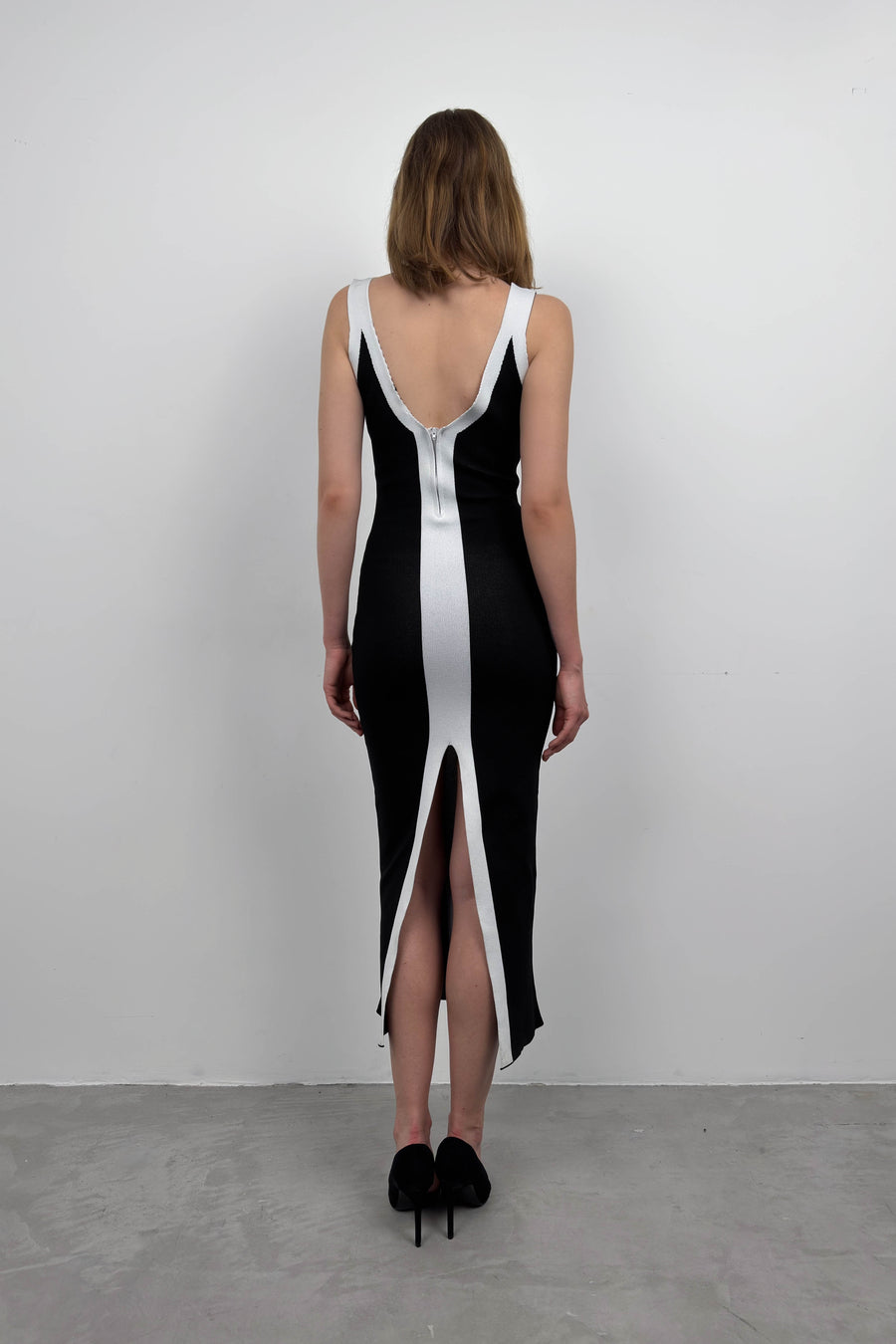 Double Color Slit Detail Black and White Dress 