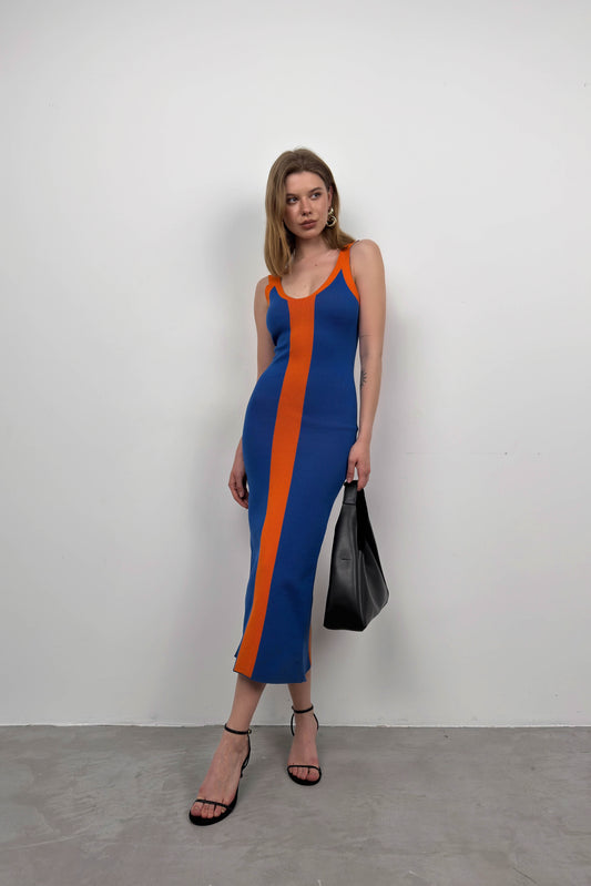 Double Color Slit Detail Saxe Orange Dress 